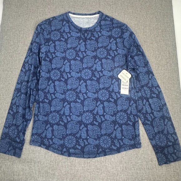 NEW Mens Sun + Stone Printed Shirt Blue Round Neck Long Sleeve Medium Cotton Ble - Picture 2 of 11